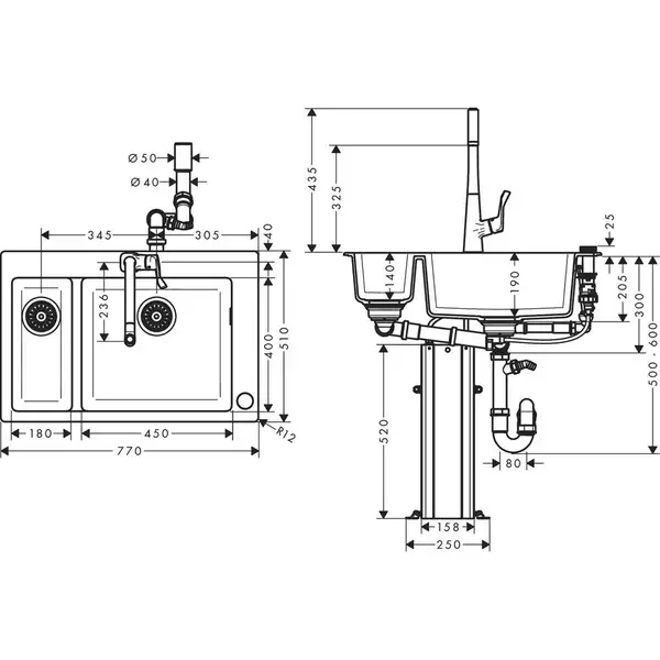 Кухонна мийка Hansgrohe Hansgrohe C51 C51-F635-04 Sink combi 770x510 зі змішувачем на 2 чаші 180/450, chrome (43215000)