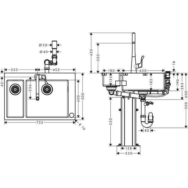 Кухонна мийка Hansgrohe Hansgrohe C71 C71-F655-04 Sink combi 755х500 зі змішувачем на 2 чаші 180/450, stainless steel (43210800)
