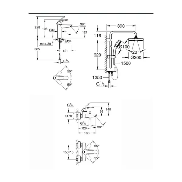 Набір змішувачів Grohe Eurosmart New 3 в 1 для ванни та душу, хром (UA123246R0)