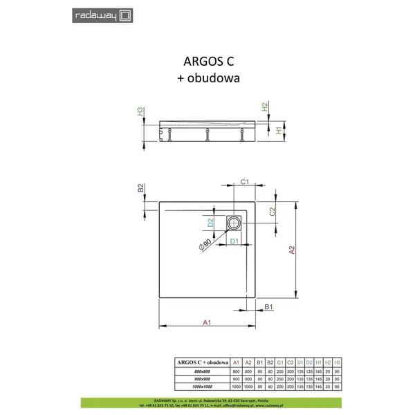 Душовий піддон зі з'ємною панеллю Argos C 100x100 см, RADAWAY (4ACN1010-02)