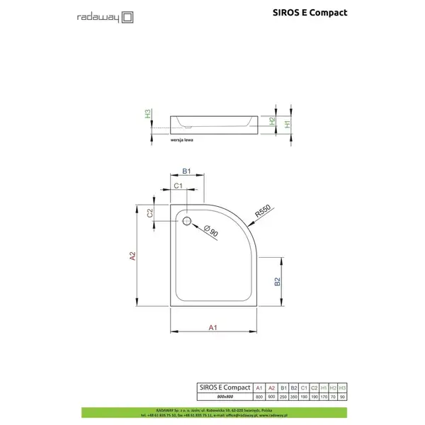Душовий піддон Siros E Compact 90x80 см лівий, RADAWAY (SBE8917-1L)