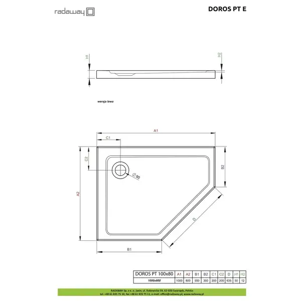 Душовий піддон Doros PT E 100x80 см лівий, RADAWAY (SDRPT1080-01L)