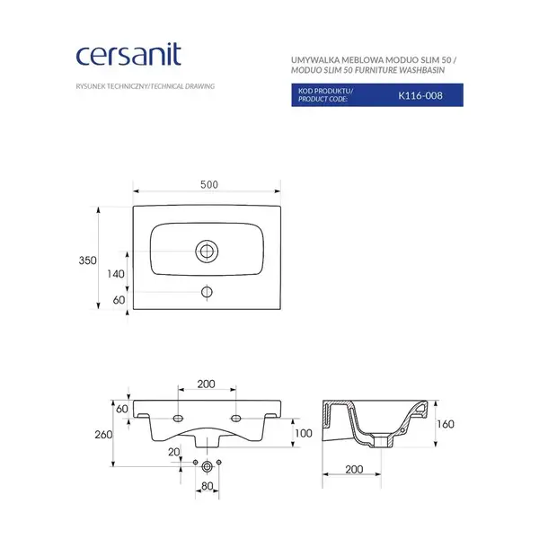 Умивальник меблевий Moduo Slim 50 Cersanit (CCWF1007752074) Умивальник меблевий Moduo Slim 50 Cersanit (CCWF1007752074)