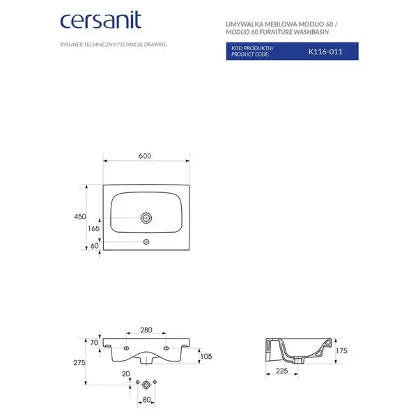 Умивальник меблевий Moduo 60 Cersanit (CCWF1007782074)