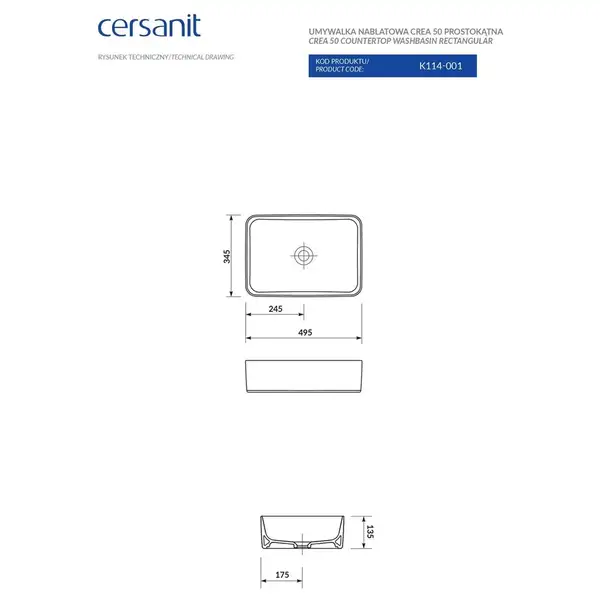 Cersanit Умивальник на стільницю CREA 50 прямокутний Церсаніт УКРАЇНА (CCWT1000333927)