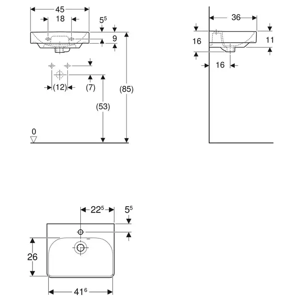 Маленькая (мини) раковина Geberit Smyle Square 45 х 36 х h16 см, с асимметричным переливом (500.222.01.1) фото 3 Aquada.com.ua