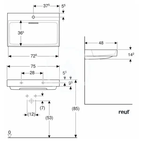 Раковина Geberit One 75 х 48 см 505.036.00.1 Раковина Geberit One 75 х 48 см 505.036.00.1
