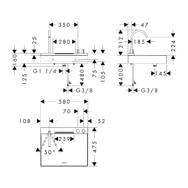 Раковина Hansgrohe Avalegra AquaUnit 58 х 47,5 х 10 см, без переливу, з функцією QuickClean+, із змішувачем, Polished Gold Optic  22472990