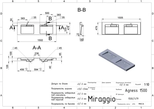 MIRAGGIO Умивальник AGNESS 1500 MATT (0000152)