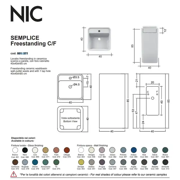 Умивальник окремо стоячий Nic Design Semplice 40х40х85 см з отвором під змішувач, злив у стіну, Amazzonia глянець (001371077)