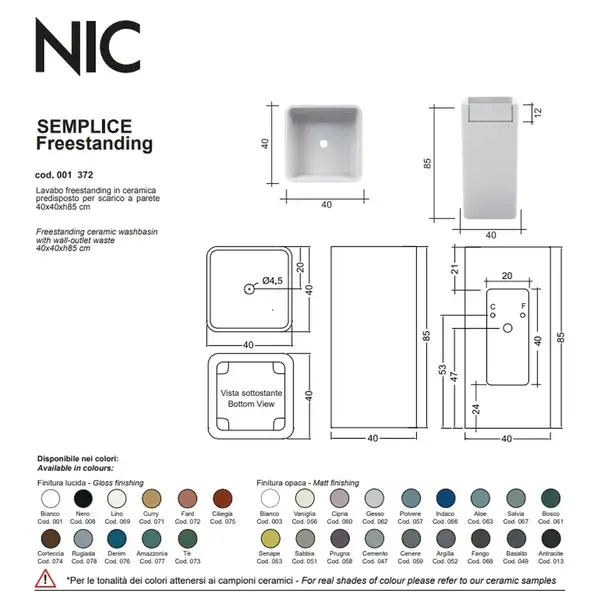 Nic-Design Умивальник окремо стоячий Nic Design Semplice 40х40х85 см без переливу, зі зливом у стіну, білий матовий (001372003) Nic-Design Умивальник окремо стоячий Nic Design Semplice 40х40х85 см без переливу, зі зливом у стіну, білий матовий (001372003)