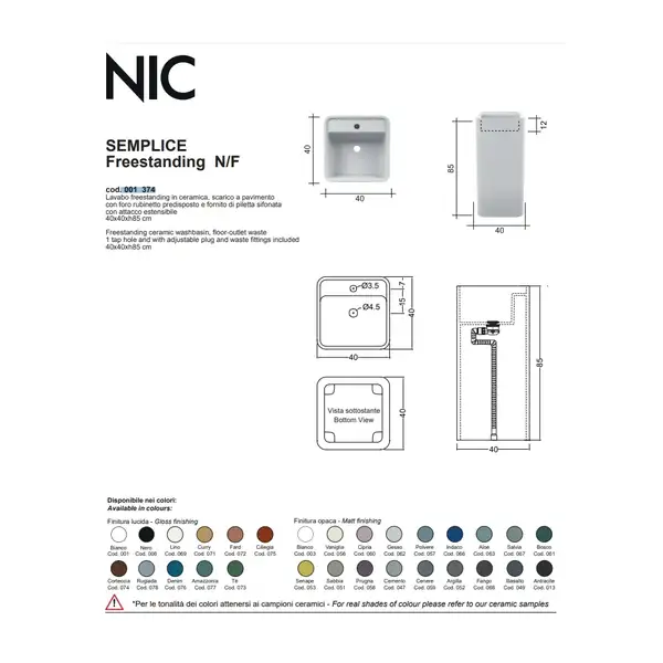 Nic-Design Умивальник окремо сточячий Nic Design Semplice 40х40х85 см з отвором під змішувач, зі зливом в підлогу, Fard глянець (001374072) Nic-Design Умивальник окремо сточячий Nic Design Semplice 40х40х85 см з отвором під змішувач, зі зливом в підлогу, Fard глянець (001374072)