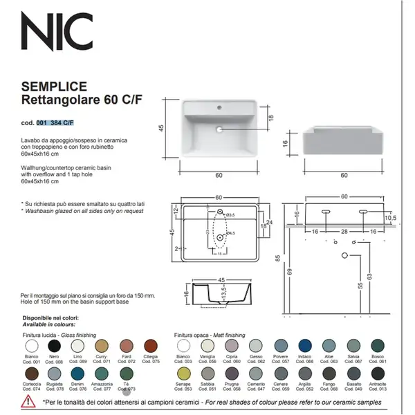 Умивальник на стільницю Nic Design Semplice 60х45х16 см з отвором під змішувач, Sabbia матовий C/F (001384051 CF)