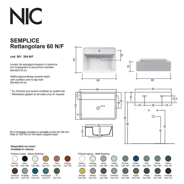 Умивальник на стільницю із переливом Nic Design Semplice 60х45х16 см, Cipria матовий N/F (001384060 NF)