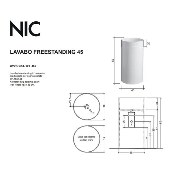 Умивальник окремо стоячий Nic Design Ovvio 45х85 см без переливу, зі зливом у стіну, чорний глянець (001455008)