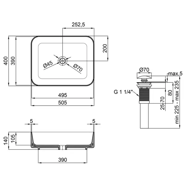 Раковина-чаша Qtap Tern 500x390x140 Matt black с донным клапаном QT172195MBMB Раковина-чаша Qtap Tern 500x390x140 Matt black с донным клапаном QT172195MBMB
