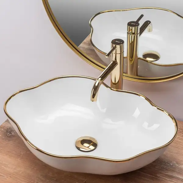 Умывальник (раковина) REA PEARL WHITE GOLD EDGE накладной (REA-U0696) Умывальник (раковина) REA PEARL WHITE GOLD EDGE накладной (REA-U0696)