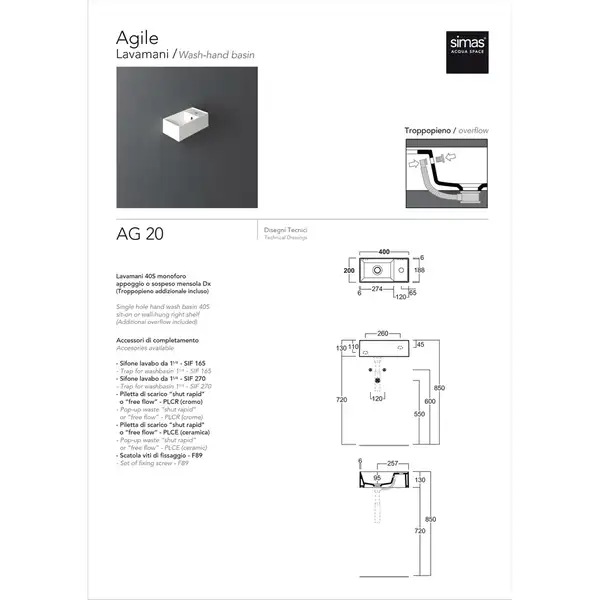 Simas Agile Умивальник накладний, білий глянець (AG20)