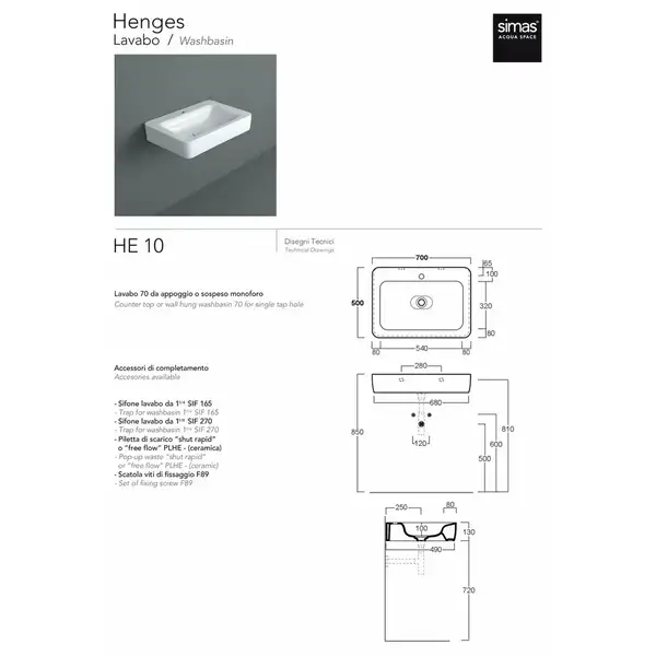 Simas Henges HE10 Умивальник, білий глянець (HE10) Simas Henges HE10 Умивальник, білий глянець (HE10)