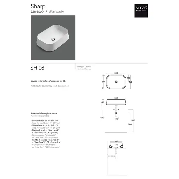 Умивальник SH08 Sharp 60х42, прямокутний, накладний, white без отв. SIMAS (SH08 white) Умивальник SH08 Sharp 60х42, прямокутний, накладний, white без отв. SIMAS (SH08 white)