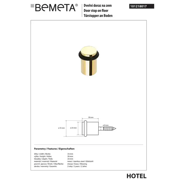 Oбмежувач для дверей 101218017 Hotel : на підлозі латунь Bemeta Чехія Oбмежувач для дверей 101218017 Hotel : на підлозі латунь Bemeta Чехія