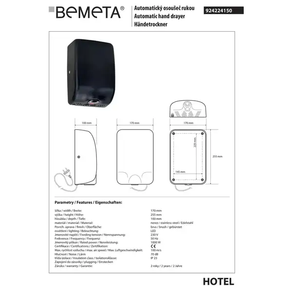 924224150 Hotel Автоматична сушарка для рук 1000W чорний Bemeta Чехія (924224150) 924224150 Hotel Автоматична сушарка для рук 1000W чорний Bemeta Чехія (924224150)