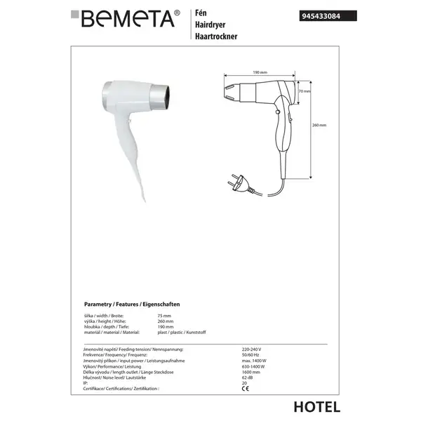 Фен 1400W 945433084 Hotel, білий Bemeta Чехія