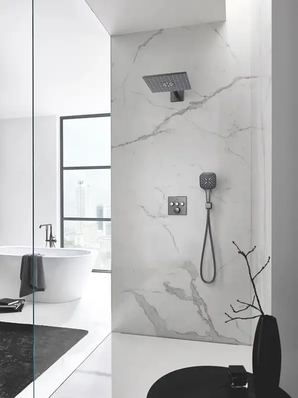 Верхний душ 310 х 310 мм с держателем 430 мм Grohe Rainshower SmartActive Cube (цвет - тёмный графит, матовый) (26479AL0) фото 2 Aquada.com.ua