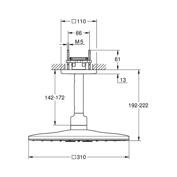 Верхний душ 310 х 310 мм с кронштейном 142 мм Grohe Rainshower SmartActive Cube (цвет - тёмный графит, матовый) (26481AL0) фото 2 Aquada.com.ua