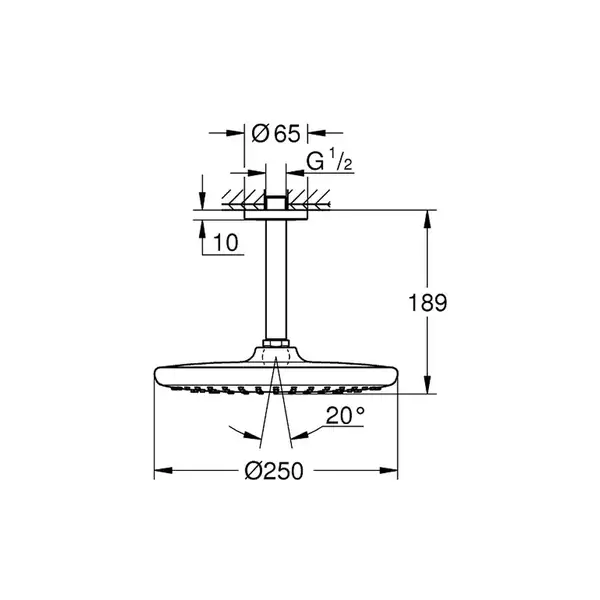 Верхний душ с потолочным душевым кронштейном Grohe Tempesta Ø 250 мм (цвет - хром) (26669000) фото 6 Aquada.com.ua