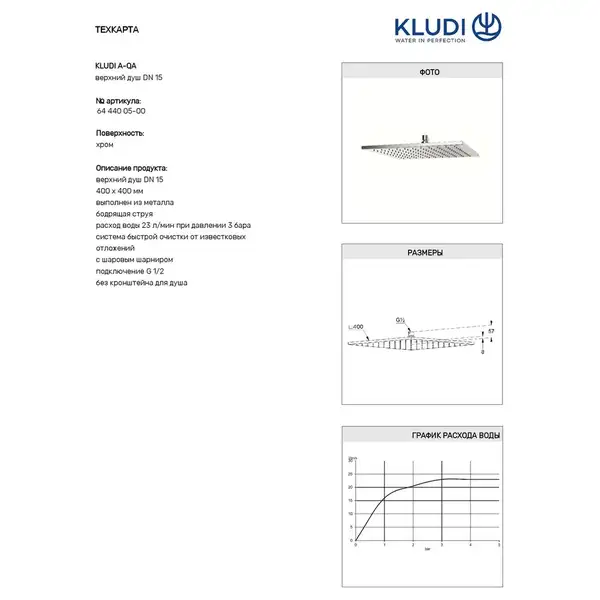 Верхній душ, 400мм  6444005-00 без кронштейна  KLUDI