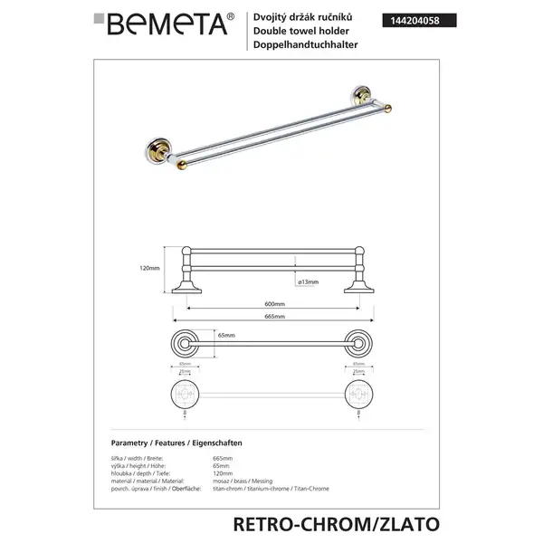 Тримач рушників 144204058 Retro подвійний,золото-хром Bemeta Чехія Тримач рушників 144204058 Retro подвійний,золото-хром Bemeta Чехія