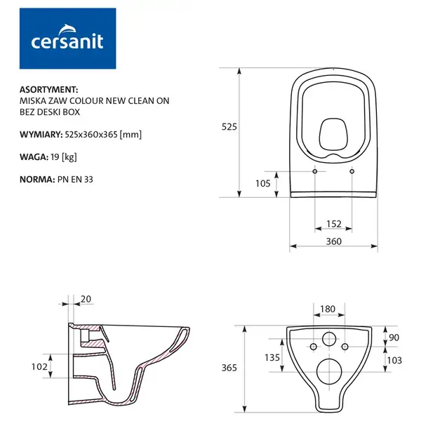 Cersanit Colour Унітаз підвісний Clean On, білий (CCHZ1001151986)
