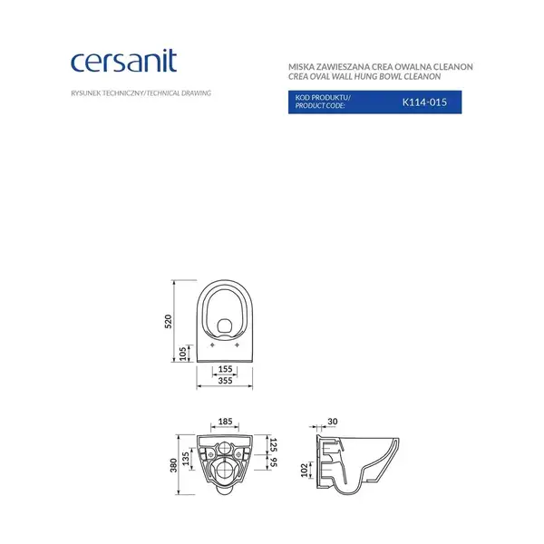 Cersanit CREA CLEAN ON Унітаз підвісний, овальний (CCHZ1001331986) Cersanit CREA CLEAN ON Унітаз підвісний, овальний (CCHZ1001331986)