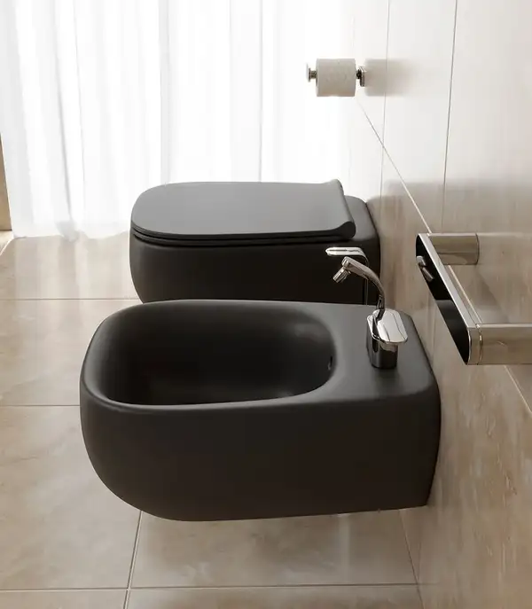 Унитаз подвесной Goclean® (безободковый) Flaminia Fluo с сиденьем Soft Close, цвет - Carbone opaco (матовый) FU118G+FUCW05 Carbone Унитаз подвесной Goclean® (безободковый) Flaminia Fluo с сиденьем Soft Close, цвет - Carbone opaco (матовый) FU118G+FUCW05 Carbone
