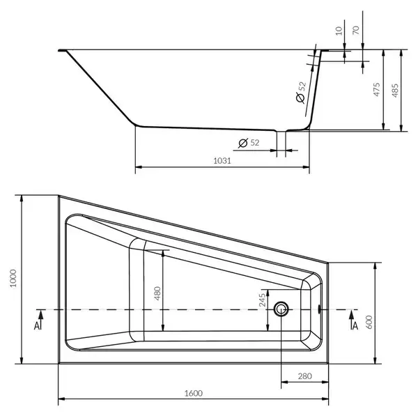 Ванна асиметрична права Crea 160×100, Cersanit (AZBA1002412228)