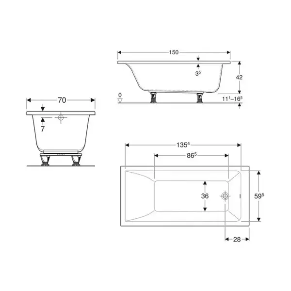 Ванна акриловая 150 х 70 х h42 см Geberit Selnova Square в комплекте с ножками (554.381.01.1) Ванна акриловая 150 х 70 х h42 см Geberit Selnova Square в комплекте с ножками (554.381.01.1)