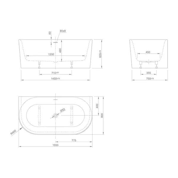 Ванна акрилова Knief FRESH WALL XS 155x80, пристінна, без г/м щілинний перелив, білий глянсовий (0100235/010009106S) (0100235_010009106S)