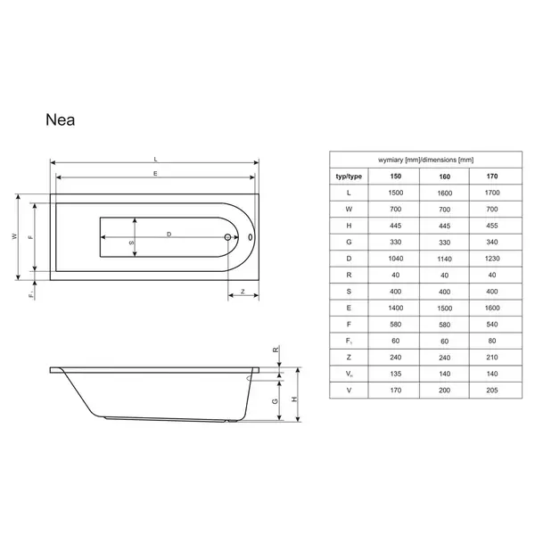 Ванна прямокутна NEA 150x70, RADAWAY (WA1-02-150x070U) Ванна прямокутна NEA 150x70, RADAWAY (WA1-02-150x070U)