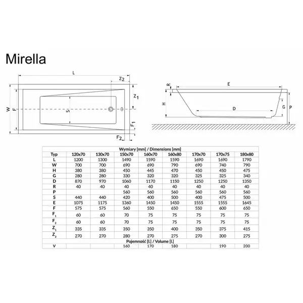 Ванна прямокутна  MIRELLA 150x70, RADAWAY (WA1-48-150x070)