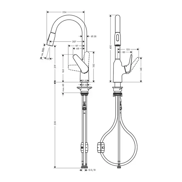 Кухонный смеситель 220, с вытяжным душем, 2jet Hansgrohe Focus M42 (цвет - сталь) 71800800