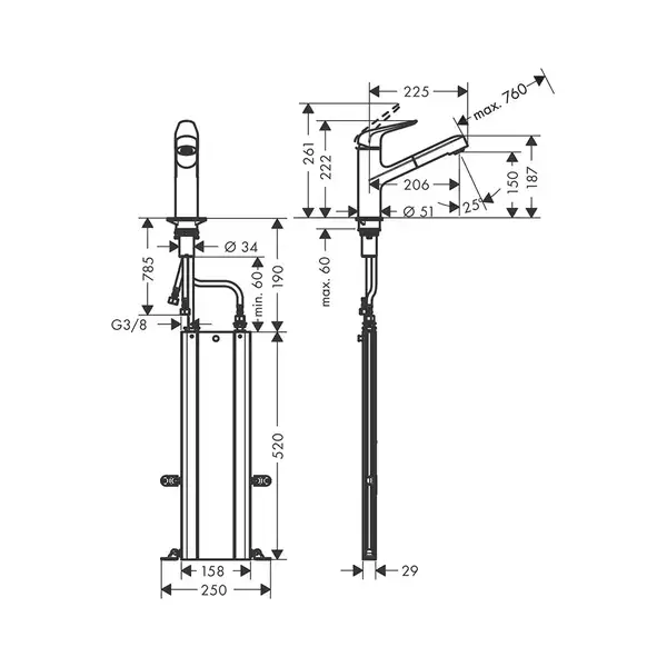 Кухонный смеситель 150, с вытяжным изливом, 1jet sBox Hansgrohe Focus M42 (цвет - сталь) 71829800