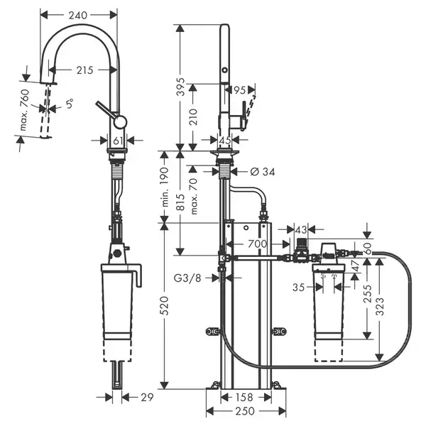 Смеситель для кухни Hansgrohe Aqittura M91 FilterSystem 210, 1jet, sBox (цвет - сталь) 76800800 Смеситель для кухни Hansgrohe Aqittura M91 FilterSystem 210, 1jet, sBox (цвет - сталь) 76800800