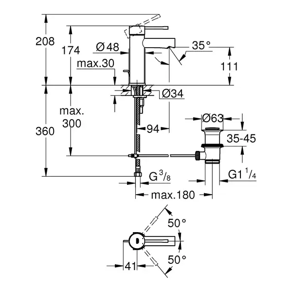 Змішувач для умивальника Grohe Essence New S-Size з донним клапаном, хром (24175001)