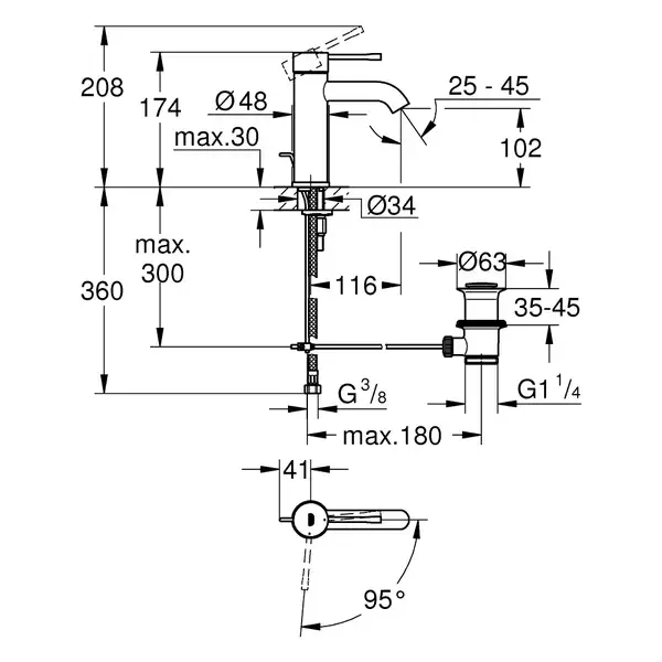 Змішувач для умивальника Grohe Essence New S-Size з донним клапаном, хром (24180001) Змішувач для умивальника Grohe Essence New S-Size з донним клапаном, хром (24180001)