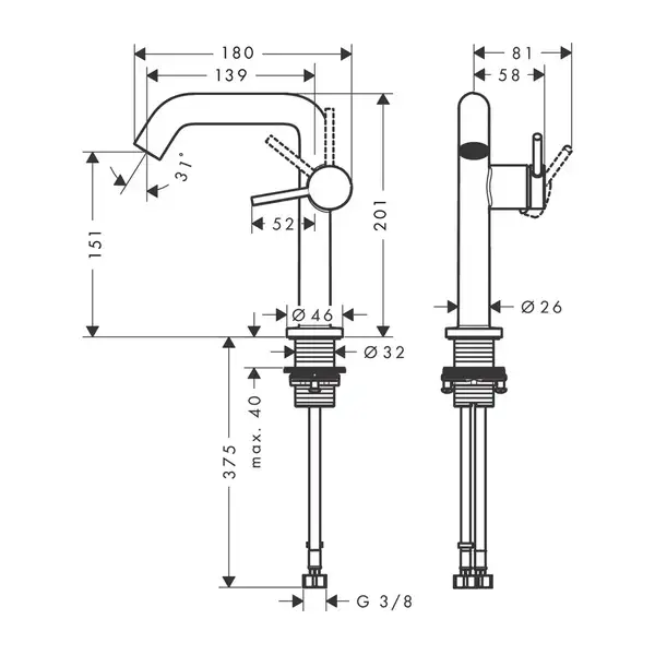 Смеситель для раковины 150 Fine CoolStart Hansgrohe Tecturis S (цвет - белый матовый), без донного клапана 73341700