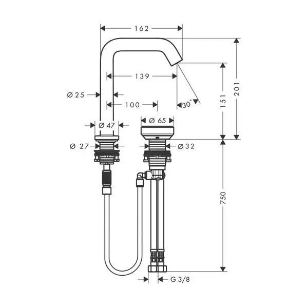 Смеситель для раковины 150 CoolStart на 2 отверстия Hansgrohe Tecturis S (цвет - белый матовый), с донным клапаном 73353700
