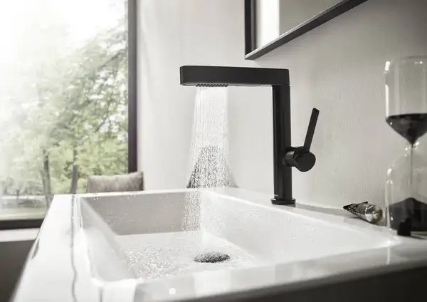 Смеситель для раковины высокий, с вытяжным душем, 2 вида струи Hansgrohe Finoris (цвет - чёрный матовый), с донным клапаном Push Open (76063670) фото 2 Aquada.com.ua Смеситель для раковины высокий, с вытяжным душем, 2 вида струи Hansgrohe Finoris (цвет - чёрный матовый), с донным клапаном Push Open (76063670) фото 2 Aquada.com.ua