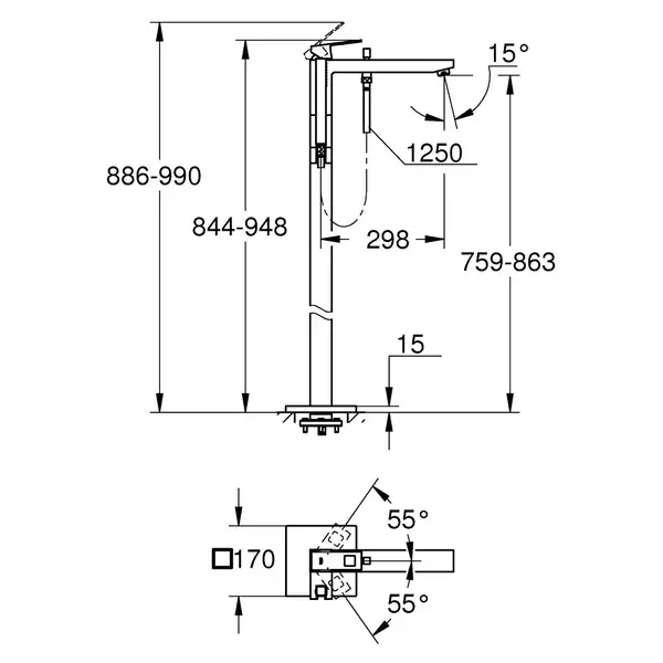 Смеситель для ванны напольный Grohe Eurocube (цвет - тёмный графит, матовый), с душевым гарнитуром (23672AL1) фото 5 Aquada.com.ua