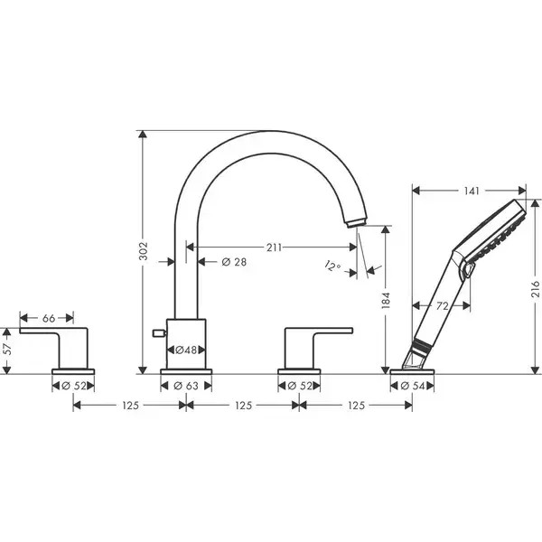 Змішувач для ванни Hansgrohe Vernis Shape на 4 отвори, Matt Black (71459670) Змішувач для ванни Hansgrohe Vernis Shape на 4 отвори, Matt Black (71459670)